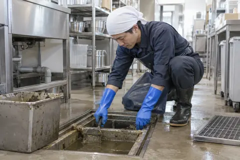 店舗の厨房の排水の槽を掃除するスタッフ（水漏れ・水道修理（緊急）の写真 No.50）
