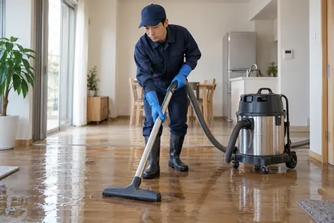 業務用の吸水機で床の水を吸うスタッフ（水漏れ・水道修理（緊急）の写真 No.51）