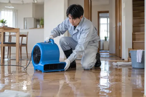 ぬれた床に送風機を置いて乾かすスタッフ（水漏れ・水道修理（緊急）の写真 No.52）