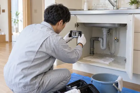 スマホで現場の写真をとるスタッフ（水漏れ・水道修理（緊急）の写真 No.54）