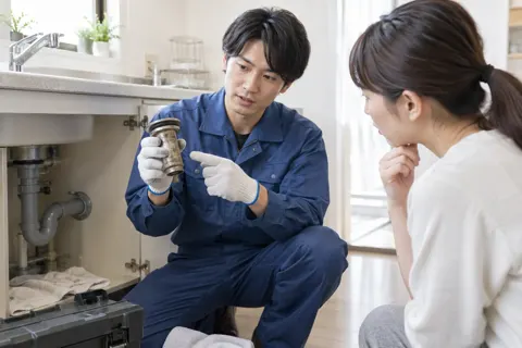 交換した古い部品を見せて説明するスタッフ（水漏れ・水道修理（緊急）の写真 No.55）