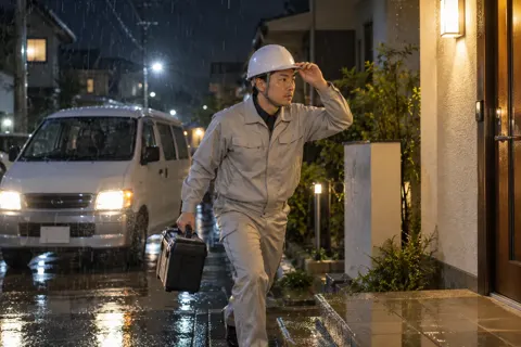 雨の夜にかけつけるスタッフ（水漏れ・水道修理（緊急）の写真 No.57）