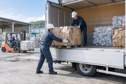 分けた資源をトラックに積んで出荷する（産業廃棄物・収集運搬の写真 No.63）