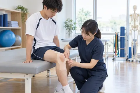 スポーツをする学生のひざにテーピングをする理学療法士（外科・整形外科・リハビリの写真 No.20）