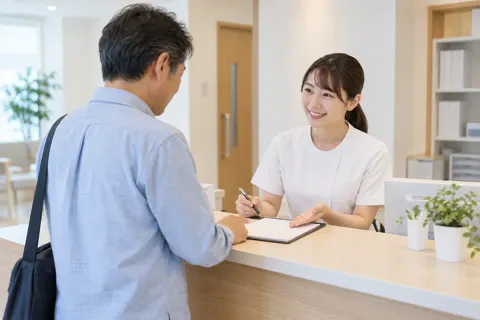 会計で次の予約を決める患者さんとスタッフ（泌尿器科の写真 No.20）