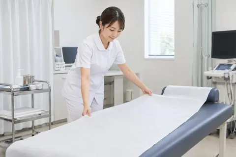 診察のベッドに新しい紙のシートをしく看護師（泌尿器科の写真 No.23）