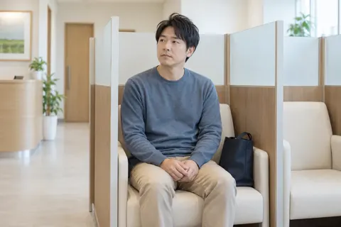 仕切りのある待合のいすで待つ患者さん（肛門科の写真 No.19）