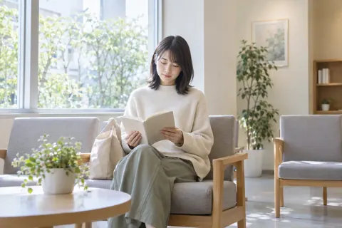 窓ぎわのいすで本を読んで待つ患者さん（心療内科・精神科の写真 No.20）