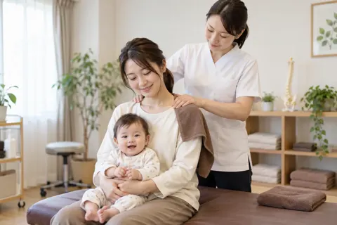 赤ちゃんを連れた母親の肩をほぐす施術者（その他の医療・治療院の写真 No.19）