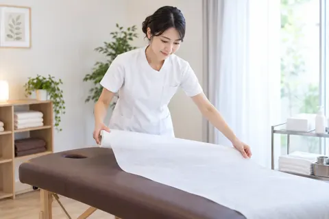 ベッドの紙のシートを取りかえるスタッフ（その他の医療・治療院の写真 No.22）
