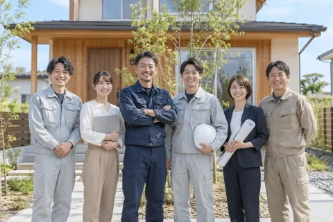 完成した家の前に並んだ大工と社員の集合写真（注文住宅・工務店・新築（住宅）の写真 No.47）