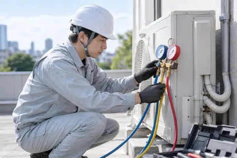 エアコンのガスを測る機械をつなぐ作業員（電気工事・空調・電気設備の写真 No.39）