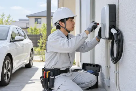 電気自動車の充電器を取り付ける電気工事士（電気工事・空調・電気設備の写真 No.40）