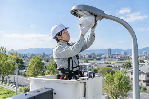街灯を取りかえる作業員（電気工事・空調・電気設備の写真 No.42）