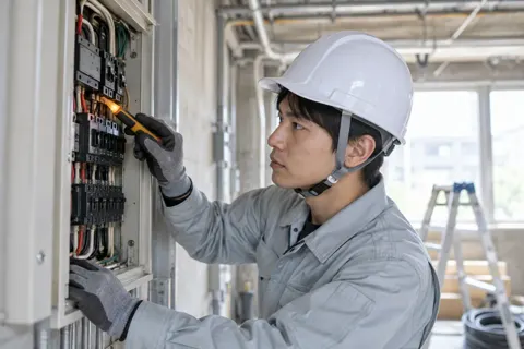 検電器で電気が来ていないか確かめる電気工事士（電気工事・空調・電気設備の写真 No.43）