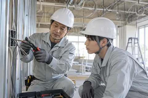 新人に工具の使い方を教える先輩の電気工事士（電気工事・空調・電気設備の写真 No.46）
