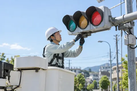 信号機の工事をする作業員（電気工事・空調・電気設備の写真 No.55）