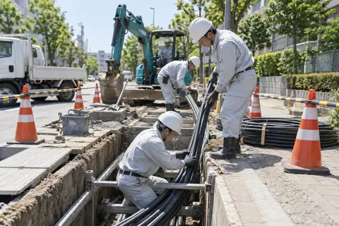 道路の地下にケーブルを通す作業員たち（電気工事・空調・電気設備の写真 No.56）