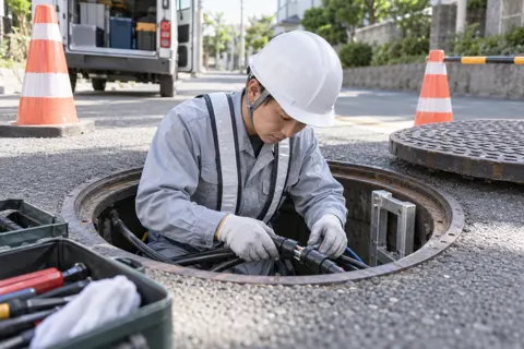 マンホールの中でケーブルをつなぐ作業員（電気工事・空調・電気設備の写真 No.57）