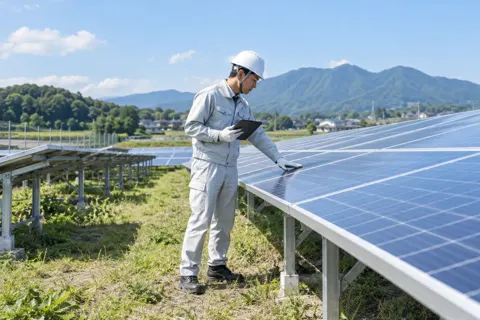 畑にならんだ太陽光パネルを点検する作業員（電気工事・空調・電気設備の写真 No.58）