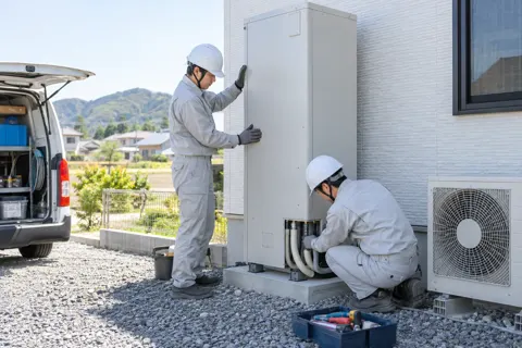 電気でお湯をわかす給湯機をすえつける作業員たち（電気工事・空調・電気設備の写真 No.60）