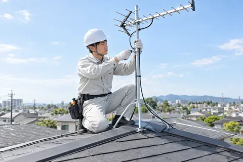 アンテナを屋根に取り付ける作業員（電気工事・空調・電気設備の写真 No.62）