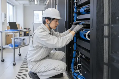LANのケーブルをサーバーの棚につなぐ作業員（電気工事・空調・電気設備の写真 No.64）