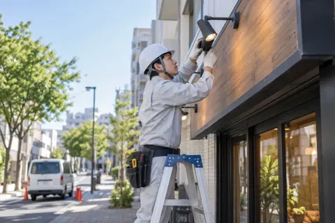 店舗の看板の照明を直す電気工事士（電気工事・空調・電気設備の写真 No.65）