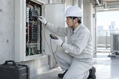 漏電を機械で調べる電気工事士（電気工事・空調・電気設備の写真 No.67）