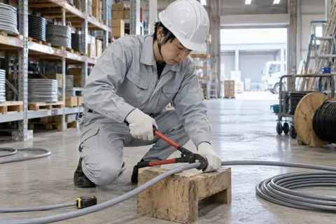 倉庫でケーブルを長さに合わせて切る作業員（電気工事・空調・電気設備の写真 No.69）