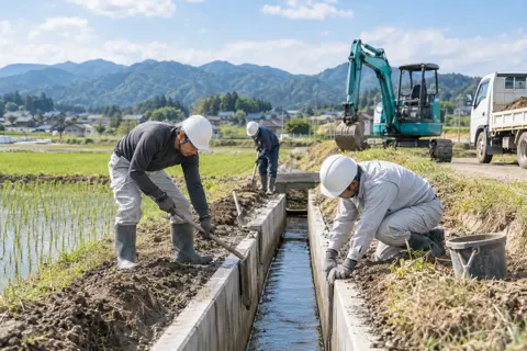 農地の水路を直す作業員たち（土木・解体・基礎・造成の写真 No.61）