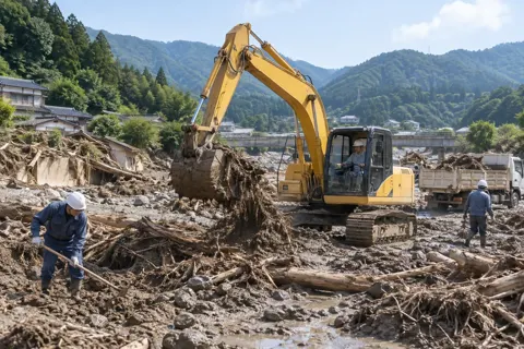 災害で流れた土砂を重機で片づける現場（土木・解体・基礎・造成の写真 No.64）