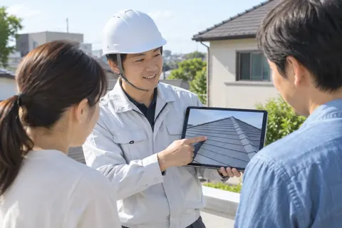 お客様に屋根の写真を見せて説明する社員（外壁・屋根・塗装・防水の写真 No.45）