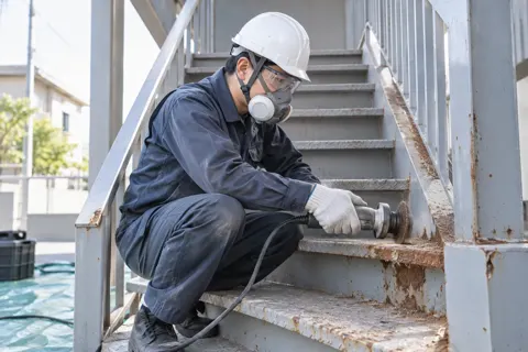 鉄骨の階段のさびを落とす職人（外壁・屋根・塗装・防水の写真 No.52）