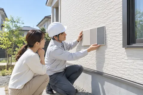 色見本の板を外壁に当てて確かめる社員とお客様（外壁・屋根・塗装・防水の写真 No.60）