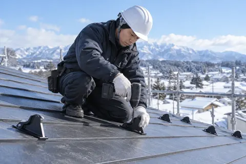 屋根に雪止めを取り付ける屋根職人（外壁・屋根・塗装・防水の写真 No.65）