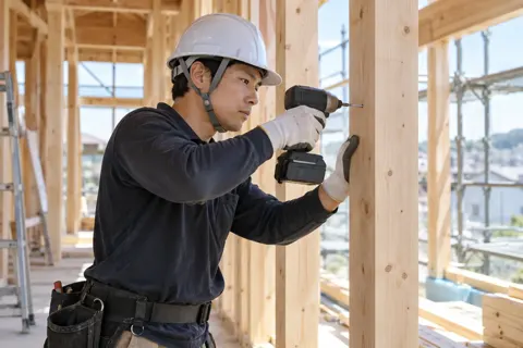 インパクトドライバーでビスを打つ職人（建築・建設その他の写真 No.38）