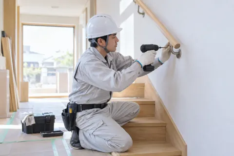 階段の手すりを取り付ける職人（建築・建設その他の写真 No.39）