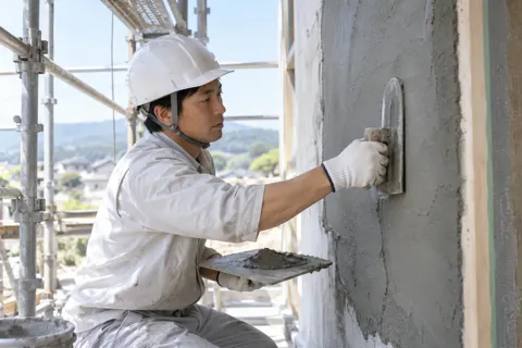 左官のこてで壁をぬる職人（建築・建設その他の写真 No.40）