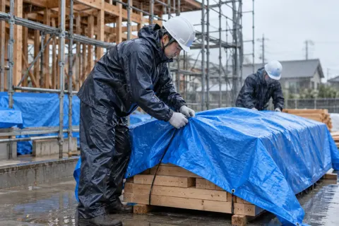 雨の日にシートで資材をおおう作業員（建築・建設その他の写真 No.44）