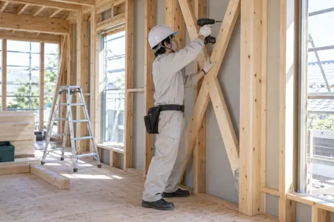 耐震の補強で壁に筋かいを入れる大工（建築・建設その他の写真 No.56）