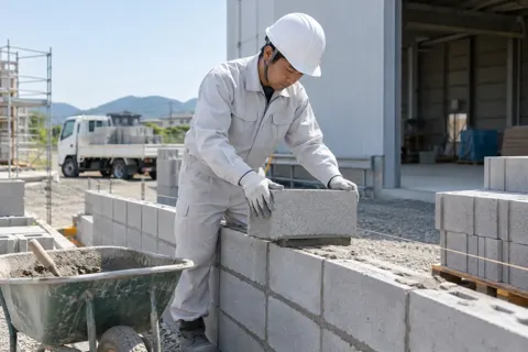 コンクリートのブロックで倉庫の壁を積む職人（建築・建設その他の写真 No.61）