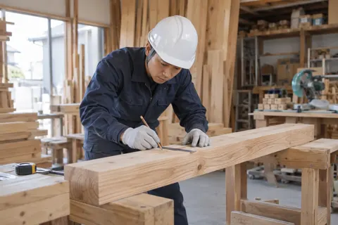 作業場で木材にしるしをつける大工（建築・建設その他の写真 No.62）