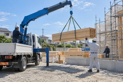 トラックのクレーンで木材を現場に下ろす（建築・建設その他の写真 No.64）