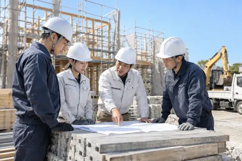 現場で昼の打ち合わせをする職人たち（建築・建設その他の写真 No.65）