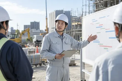 工程表の前で話す現場監督（建築・建設その他の写真 No.66）