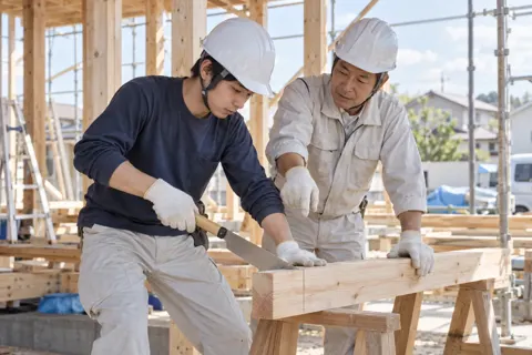 新人の大工にのこぎりの使い方を教える親方（建築・建設その他の写真 No.68）
