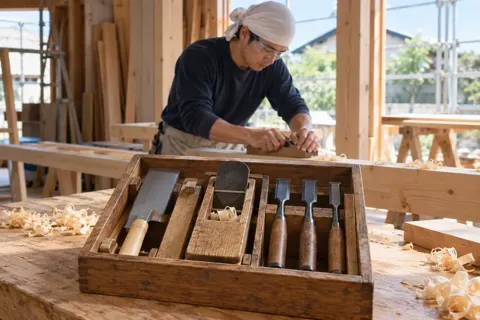 のこぎり・かんな・のみが並んだ道具箱（建築・建設その他の写真 No.70）