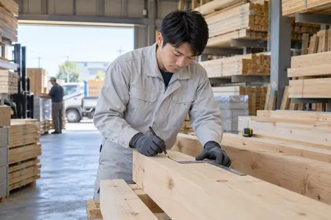 木材にしるしをつける社員（建材・資材販売の写真 No.39）