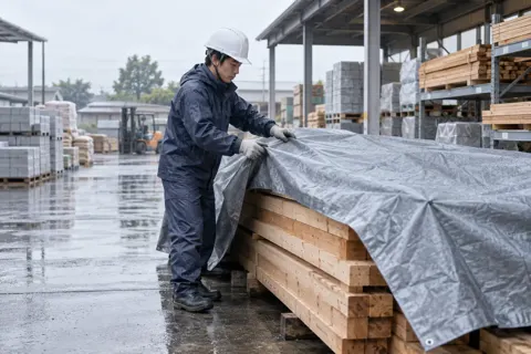 雨にぬれないよう資材にシートをかける社員（建材・資材販売の写真 No.40）